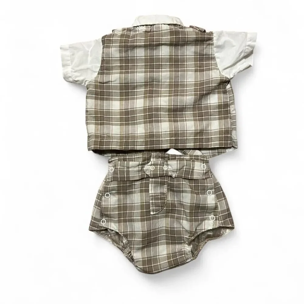 Vintage 60s newborn baby boy set button up shirt plaid vest and diaper cover